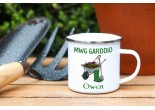 white enamel Welsh gardening mug which can be personalised 